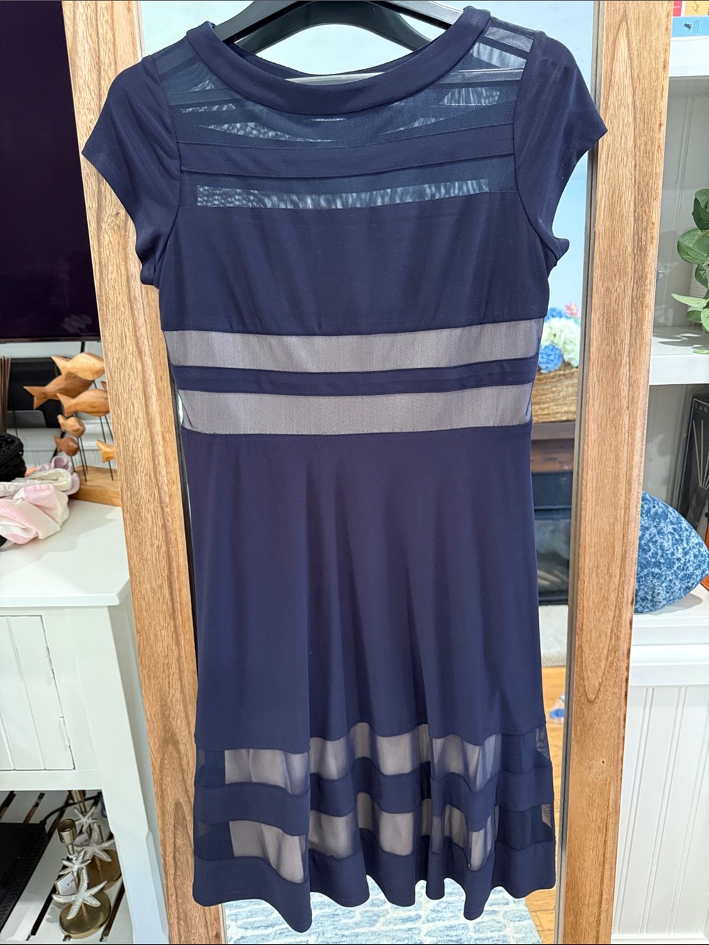 R&M Richards Navy Mesh Panel Fit & Flare Dress size 10